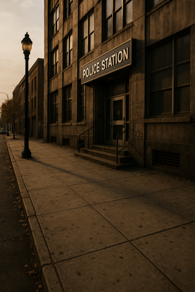 A Police Station entrance at dusk