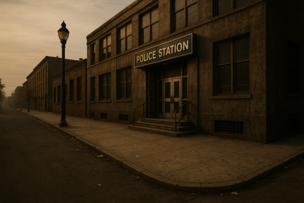 A Police Station entrance at dusk