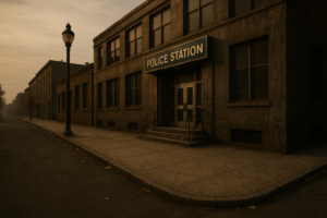 A Police Station entrance at dusk
