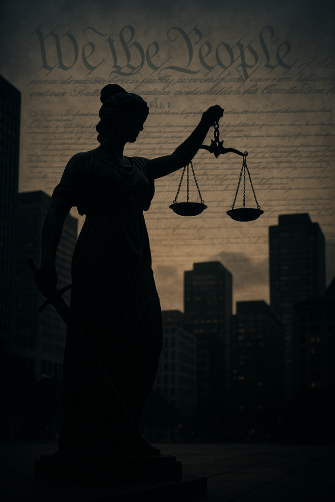 Lady Justice in front of the us constitution